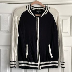 Central Park West Black and White Zip-Front Sweater Jacket
